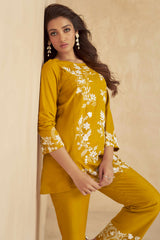 Mustard Floral Embroidered Rayon Co-Ord Set – Elegant & Comfortable Everyday Wear
