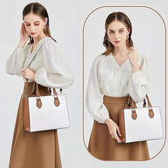Women’s Faux Leather Satchel Handbag – Large Capacity Crossbody & Shoulder Bag (White & Brown)