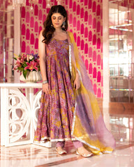 Dreamy Pink Chanderi Anarkali Suit Set with Floral Print