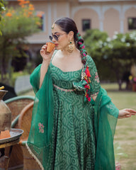 Dark Green Bandhani Chanderi Suit Set