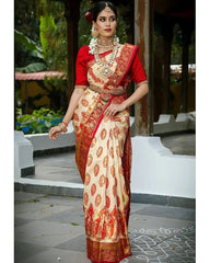 Woven Kanjivaram Jacquard, Art Silk Saree (White)