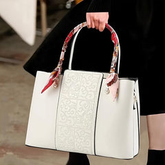 Women’s Embroidered PU Leather Handbag with Silk Scarf Handle – Elegant Shoulder Tote with Zipper Closure