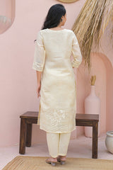 Powder Yellow Cotton Linen Salwar Suit with Printed Blooms and Delicate Embroidery Highlights