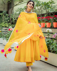 Yellow Cotton Suit Set with Handpainted Organza Dupatta