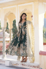 Digital Printed Organza Silk Kurta Set with Embroidered Zari Sequins