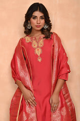 Rusty Red Embroidered A-Line Chanderi Silk Salwar Suit with Delicate Patchwork Detailing