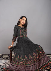 Black Satin Straight Kurta with Vibrant Oriental Motifs