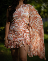 Mocha Cream Delight Dress – Elegant Swirl Print in Brown