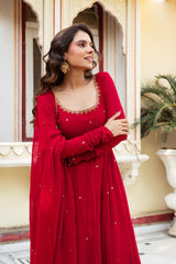 Red Handwork Anarkali Gown with Lace-Embellished Dupatta & Cotton Silk Pants – Festive & Wedding Ready