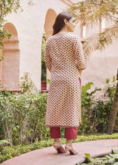 Elegant Upasana Kurta in Apricot Red with Classic Block Prints