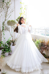 Faux Georgette Anarkali Gown with Lace Work & Tassel Detailing – Party Wear