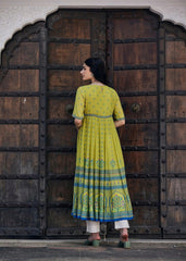 Green Flared Cotton Silk Blend Usra Kurta with Georgette Dupatta