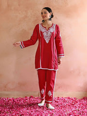 New Chikankari Exclusive Kurti_Pent Pair (Red) 12