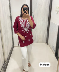 Women Chikan Embroidery Cotton Tops (Maroon 51