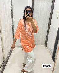 Women Chikan Embroidery Cotton Tops (Peach 53