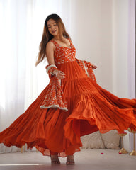 Stunning Orange Georgette Five-Layer Ruffle Anarkali Suit with Embroidered Dupatta – Festive & Party Wear