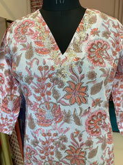 "Peachy Elegance" Hand Work Embellished Cotton kurta