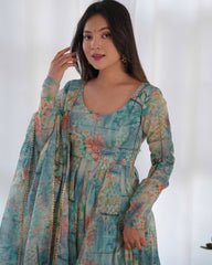 Bottle Green Floral Print Organza Anarkali Suit with Elegant Flair