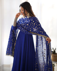 Royal Blue, Rani Pink & Black Fox Georgette Anarkali Suit with Embroidered Dupatta