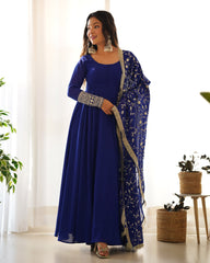 Royal Blue, Rani Pink & Black Fox Georgette Anarkali Suit with Embroidered Dupatta