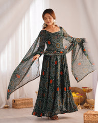 Green Bandhej Print Soft Chiffon Anarkali Gown – 3-Piece Set
