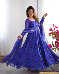 Royal Blue Bandhej Print Soft Chiffon Anarkali Gown with Full Sleeves – Festival & Party Wear