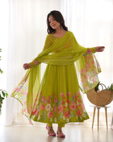 Neon Color Floral Print Organza Anarkali Suit – Three-Piece Festive Ensemble