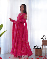 Pink Bandhej Print Soft Chiffon Stylish Neck Anarkali Gown – Three-Piece Festive Ensemble