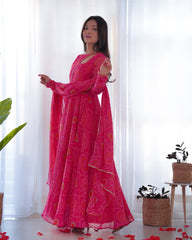 Pink Bandhej Print Soft Chiffon Stylish Neck Anarkali Gown – Three-Piece Festive Ensemble