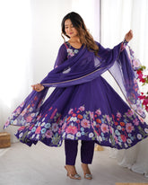Purple Floral Print Organza Anarkali Suit with Gota Patti Border Dupatta – Festive Three-Piece Ensemble