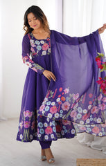 Purple Floral Print Organza Anarkali Suit with Gota Patti Border Dupatta – Festive Three-Piece Ensemble