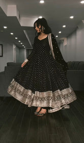 Faux Blooming Black Three-Piece Anarkali Suit with Embroidered Zari & Sequins Work