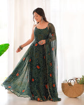 Floral Dark Green Bandhani Print Soft Chiffon Anarkali Gown