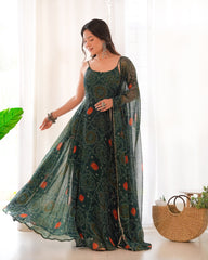 Floral Dark Green Bandhani Print Soft Chiffon Anarkali Gown