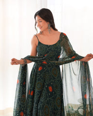 Floral Dark Green Bandhani Print Soft Chiffon Anarkali Gown