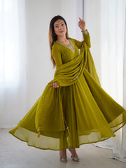 Mehndi Green Georgette Three-Piece Anarkali Suit – Embroidered Festive Wear