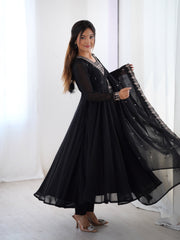 Black Faux Georgette Three-Piece Anarkali Suit with Embroidery & Tassel Dupatta