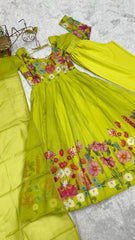 Neon Color Floral Print Organza Anarkali Suit – Three-Piece Festive Ensemble