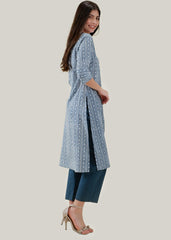 Indigo Block Printed Cotton Kurta in White & Blue