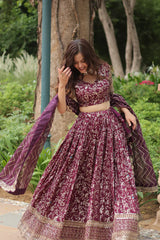 Full-Stitched Dyable Viscose Jacquard Lehenga with Golden Sequins Embroidery