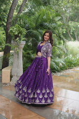 Full-Stitched Chinnon Lehenga Set with Rich Sequins Embroidery, Blouse & Koti