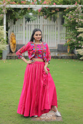 Roman Fabric Lehenga with Gota-Patti Lace & Kutchi Gamthi Embroidered Koti-Blouse Set