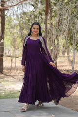 Purple Embroidered Faux Blooming Gown with Sequined Dupatta