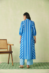 Breezy Yellow & Blue Striped Flared Cotton Kurta