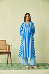 Breezy Yellow & Blue Striped Flared Cotton Kurta