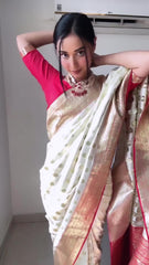 Elegant Beige Soft Silk Saree with Jacquard Work – Ready To Wear Stitched Saree with Unstitched Red Jacquard Blouse