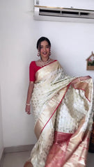 Elegant Beige Soft Silk Saree with Jacquard Work – Ready To Wear Stitched Saree with Unstitched Red Jacquard Blouse