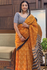 Effortless Grace – Mustard Cotton Pre-Stitched Saree