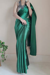 Elegant Forest Green Satin Silk Ready-to-Wear Saree