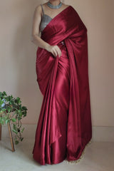Elegant Maroon Satin Silk Saree with Plain Design – Stitched Saree with Blouse Piece